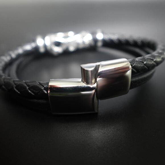 Stainless Steel Bar Accent and Leather Bracelet with Skull & Snake - Picture 4 of 9